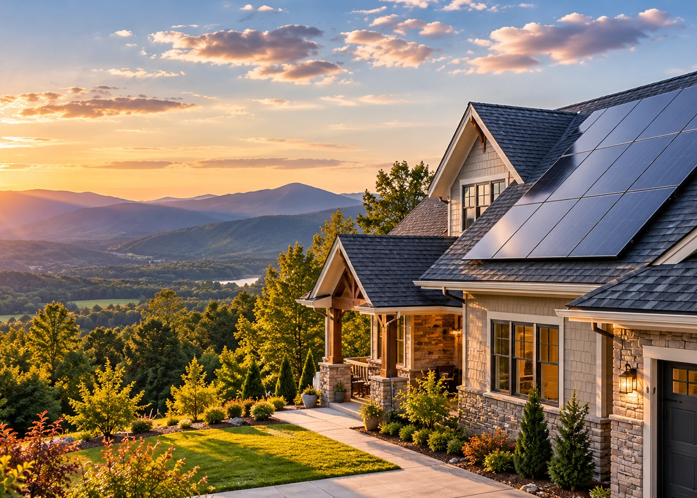 Illustrative home with rooftop solar in a mountain setting